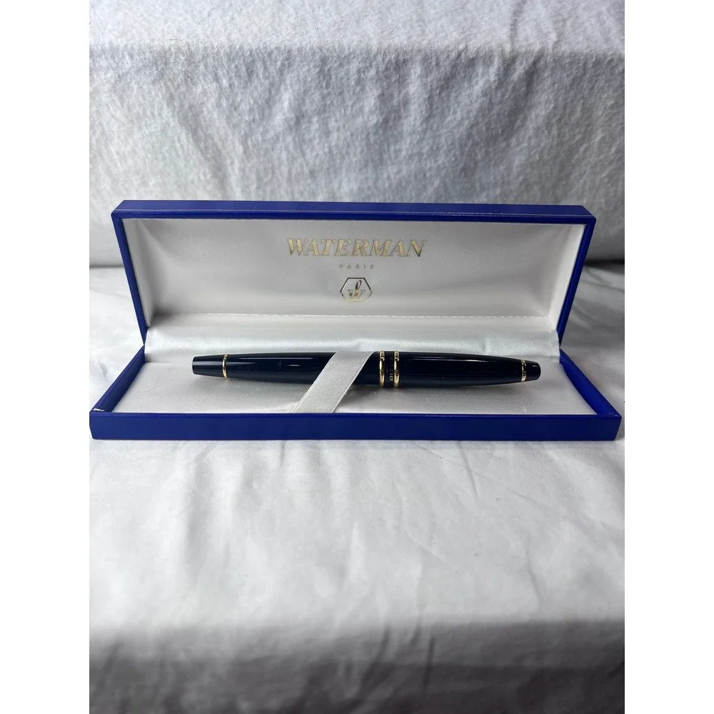 Waterman Expert Fountain Pen Black Lacquer Gold Trim Made in France with Box